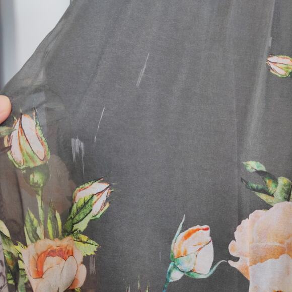 Belle France Women's Sz M Grey Pink Floral V Neck Silk Long Sleeve Top Sheer - Picture 6 of 7